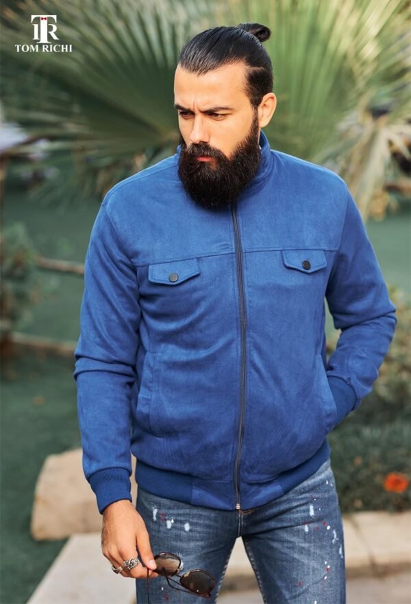 Royal Blue Quilted Jacket: "Men's royal blue jacket with a minimal, modern design."