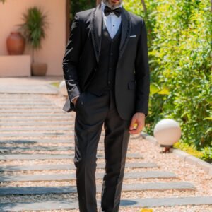 Black Tuxedo with Subtle Satin Shawl Collar – sleek and minimal, offering a smooth elegant silhouette for evening occasions.